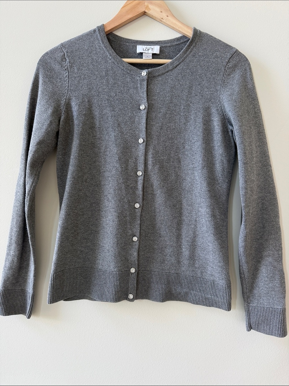 LOFT Grey Button-Front Crewneck Cardigan with Gemstone Buttons